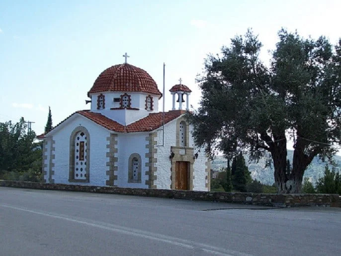front of Church of the Virgin Mary that commemorate festival of her birth at Euboea, Kimi, Kalimeriani, Greece
