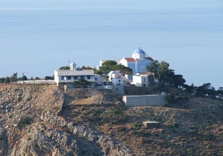 Church of the Virgin Mary of Kastriani on hill with the sea in the background that commemorate festival of her birth at Kea, Greece