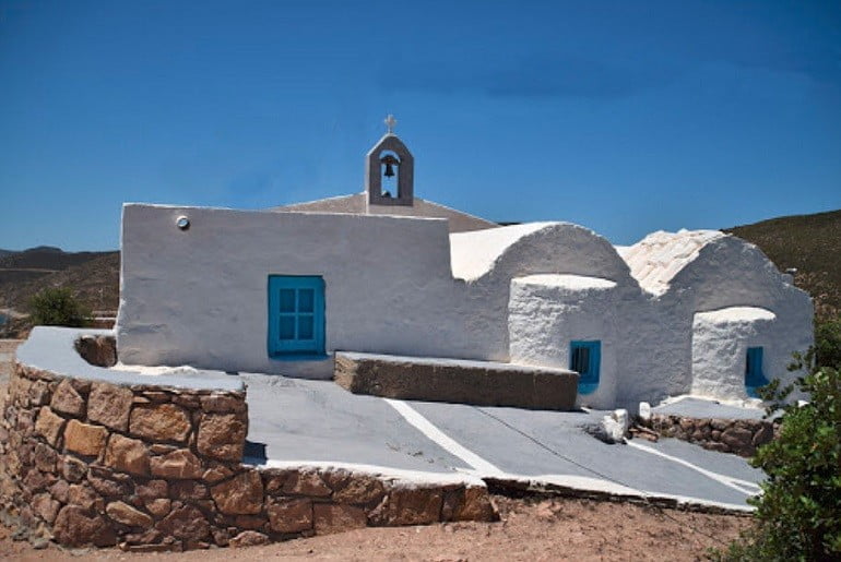 front of the Church of the Virgin Mary of Geranos on hill with that commemorate festival of her birth at Patmos, Greece