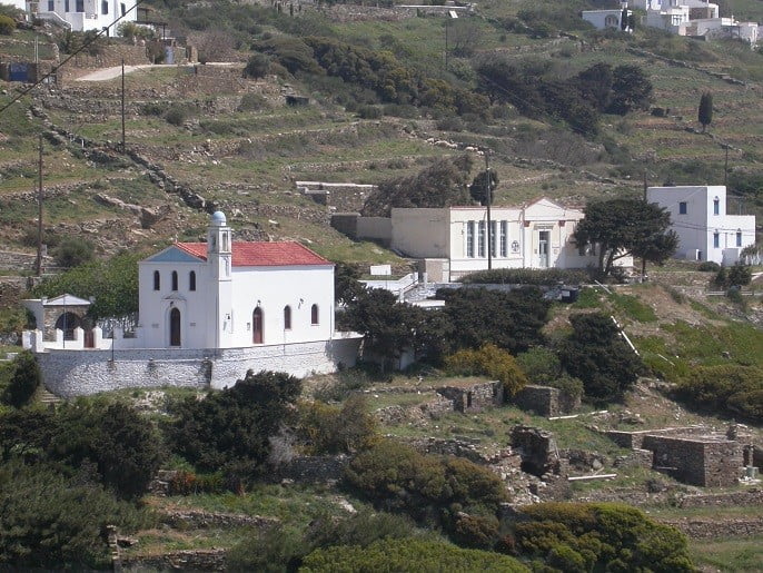 church of Aghii Anargyri on hill at Tinos, Arnados, Greece that commemorate festival of her birth
