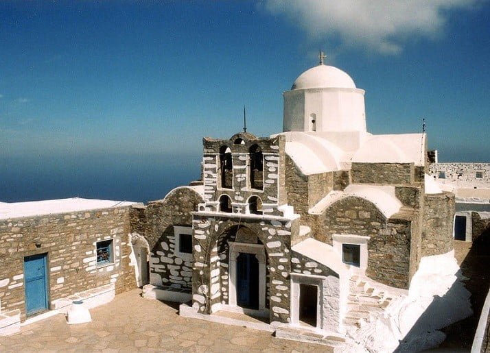 front of Church of the Prophet Elias of Apsilos that commemorate festival of her birth at Sifnos, Greece 