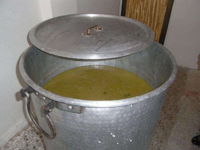 a bronze cauldron with soup at the Festival of Bean Soup at Thebes, Greece