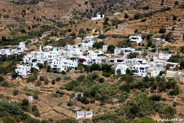 Church of Saint Agapitos (Agios Agapitos) on the hill and surrounded by houses, commemorate festival of her birth at Tinos, Agapi, Greece