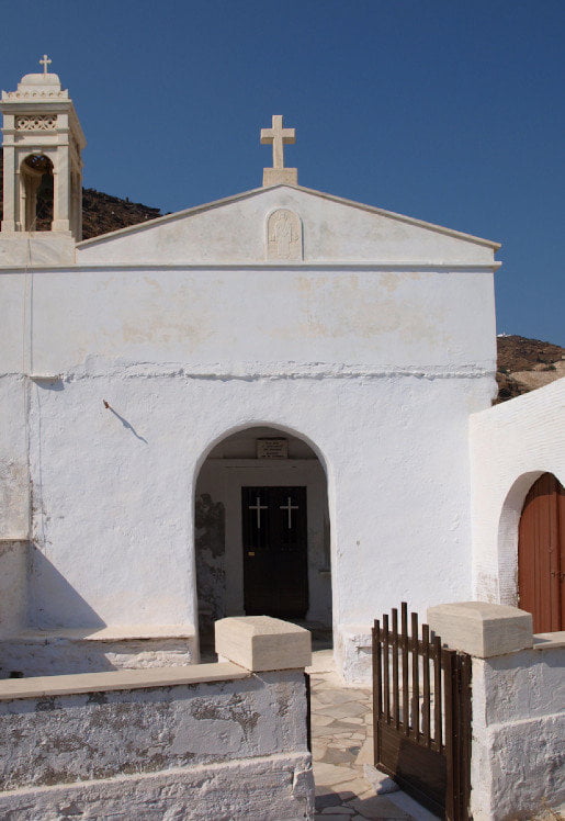 entrance of church of Agios Charalambos at Tinos, Vathi, Greece commemorate festival of her birth 