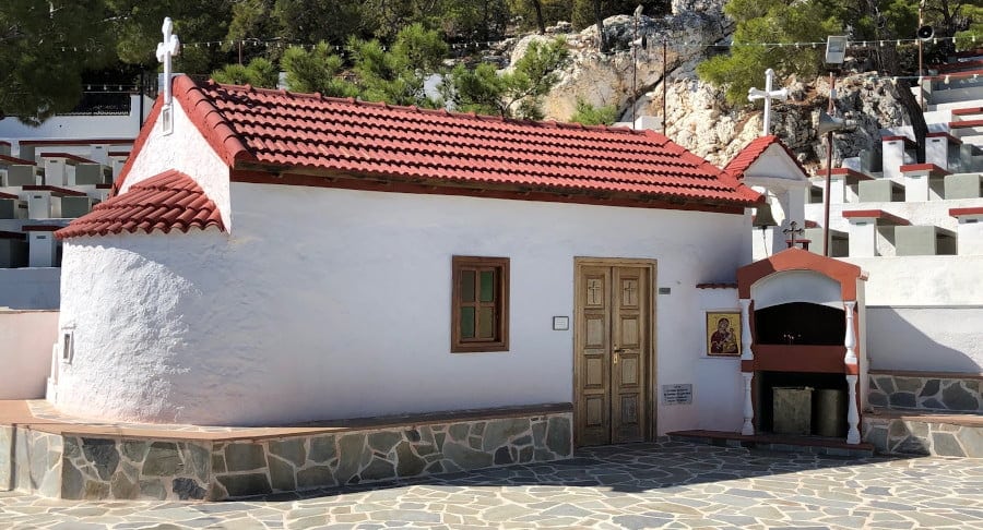 the monastery of Larniotissa surrounded by stone pavement commemorate Festival on the eve of Larniotissa, at Karpathos, Greece 