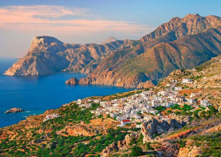 sea port of Karpathos, Greece and mountains in the background