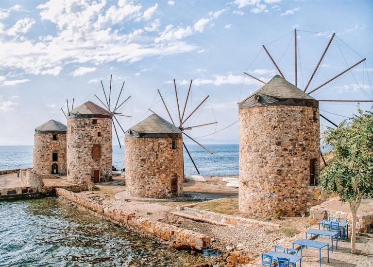 chios in Greece, windmills on the seaport
