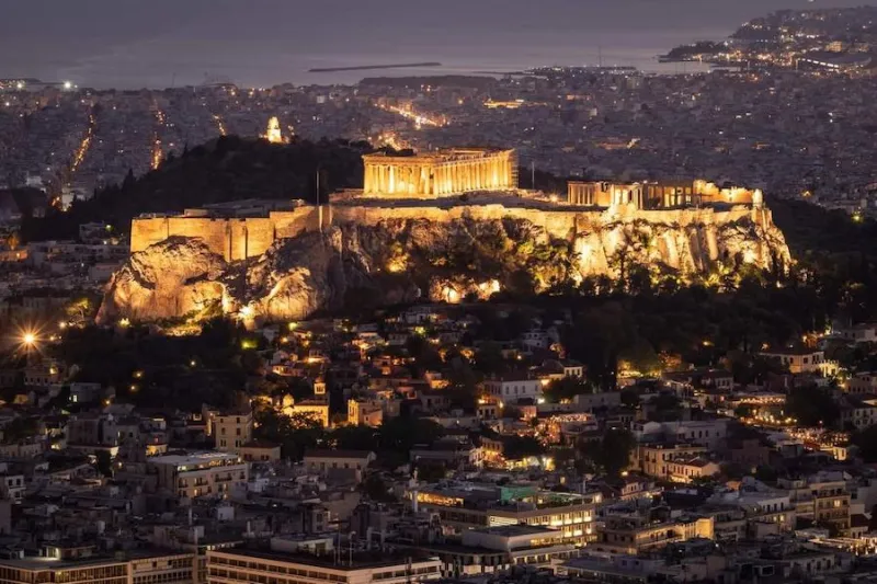 |View of illuminated Acropolis