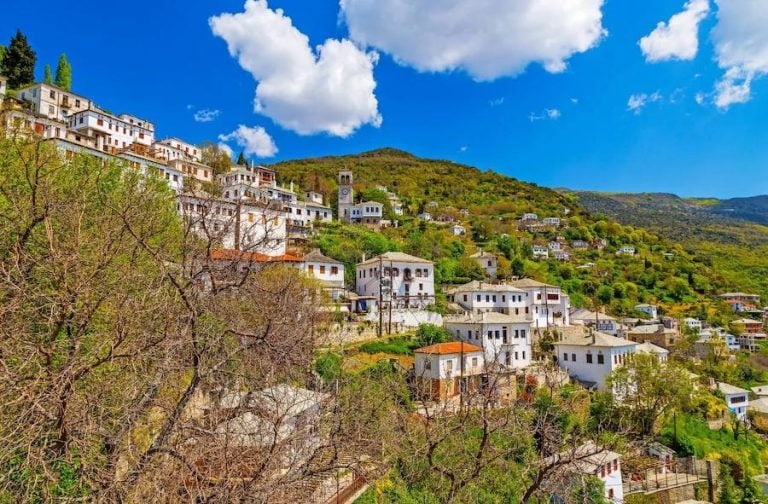 view of Pelion villages|plate with kolitsiani are fried monkfish tails|fouskes an iodine-rich seashell eaten raw|pelion greece map|Spentsofai made with fried peppers