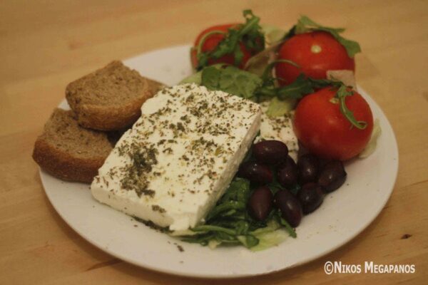 Close-up of plate with piece of Greek ‘feta’ cheese