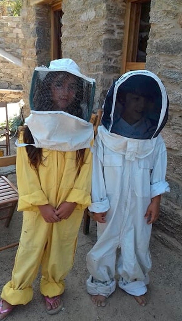 a girl and a boy with apiculture coats watching at the camera at 'Melissavet' with stone wall in the background