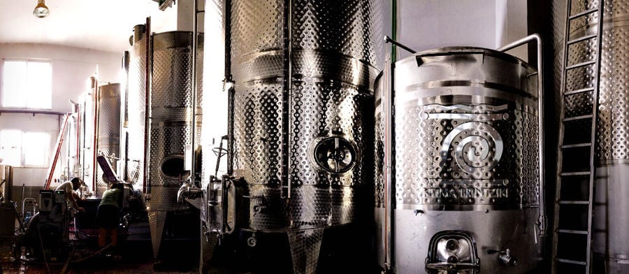 aluminum wine storage tanks at Ktima Brintziki winery