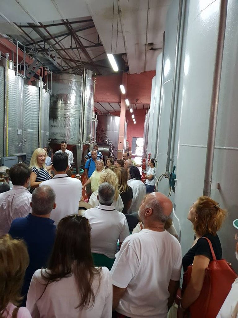 tourists listening to a woman giving a tour at 'Zoinos Winery' plant