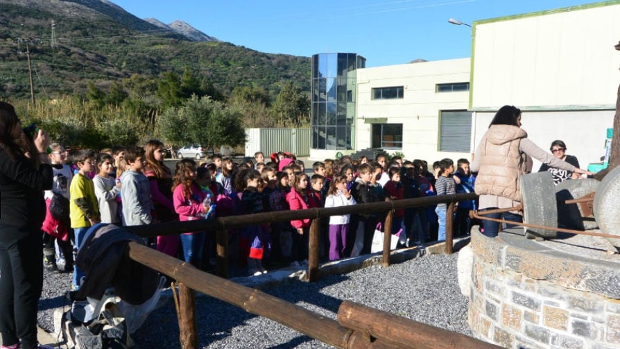 young visitors listening to a guide at 'Vassilakis Estate' olive oil plant outside and watching a old olive press