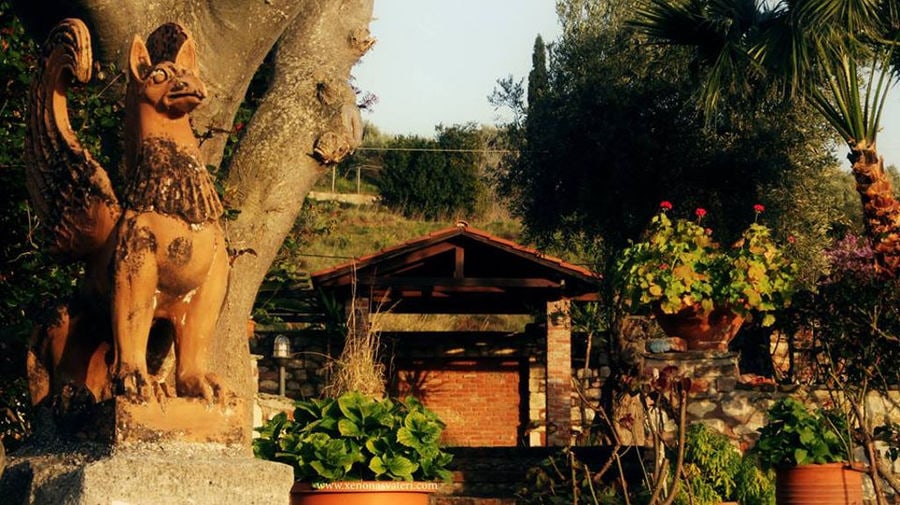 'Vateri Guest House' garden and a dog with wings statue at the base of the tree