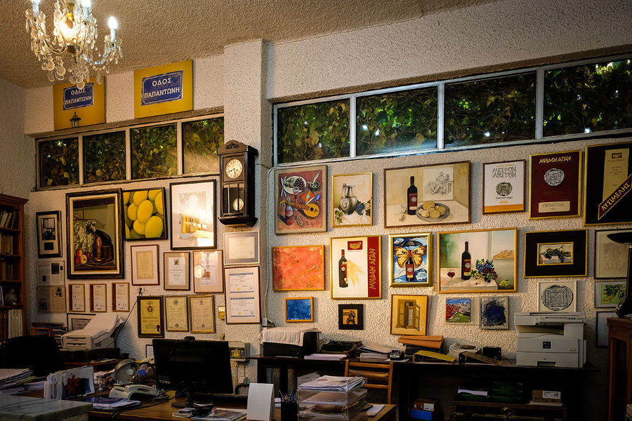 certificate frames on a wall at Papantonis Winery office