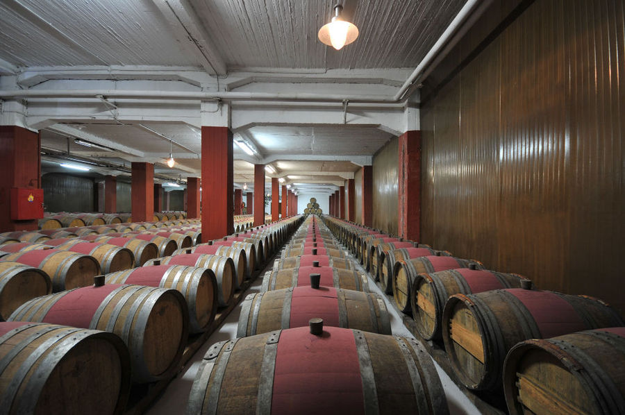 lying wine barrels in a row at illuminated 'Vaeni Naoussa' cellar with columns