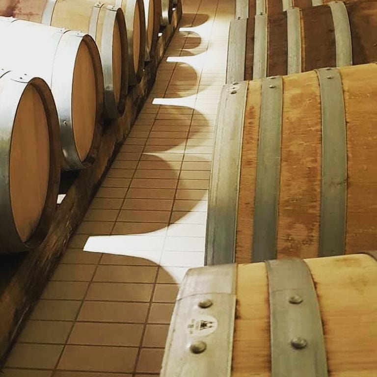 lying wine barrels in a row on the wood panels at 'Zoinos Winery' cellar