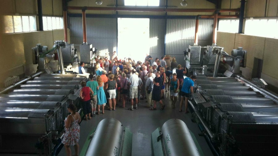 visitors listening to a guide at 'Vassilakis Estate' olive oil plant