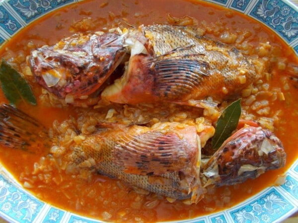 Close-up of Greek ‘Burdeto’ means fish cooked with tomatoes sauce