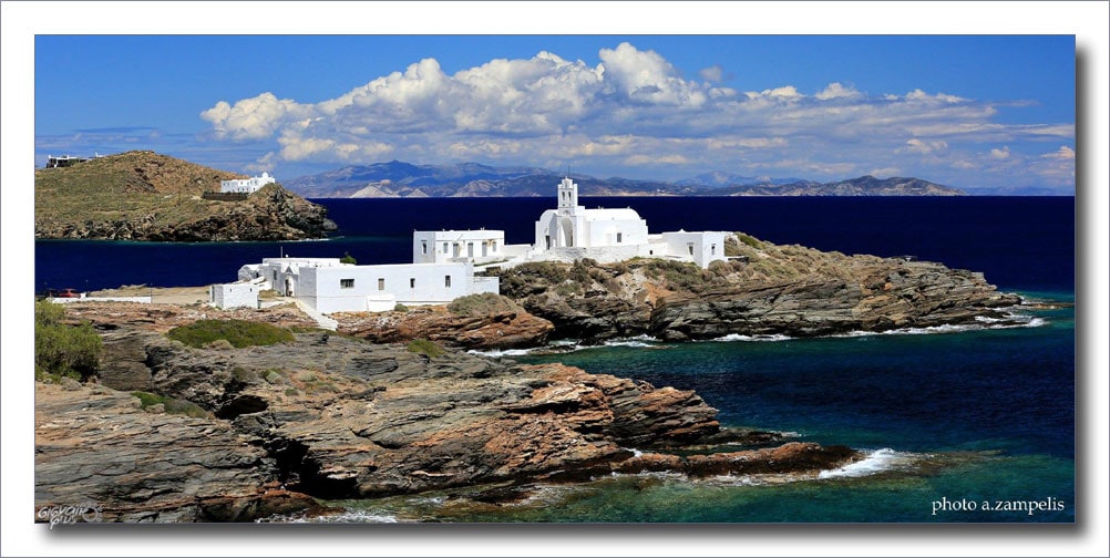 |church of Panagia of Chrisopigi at Sifnos island and the boats in the background||||||