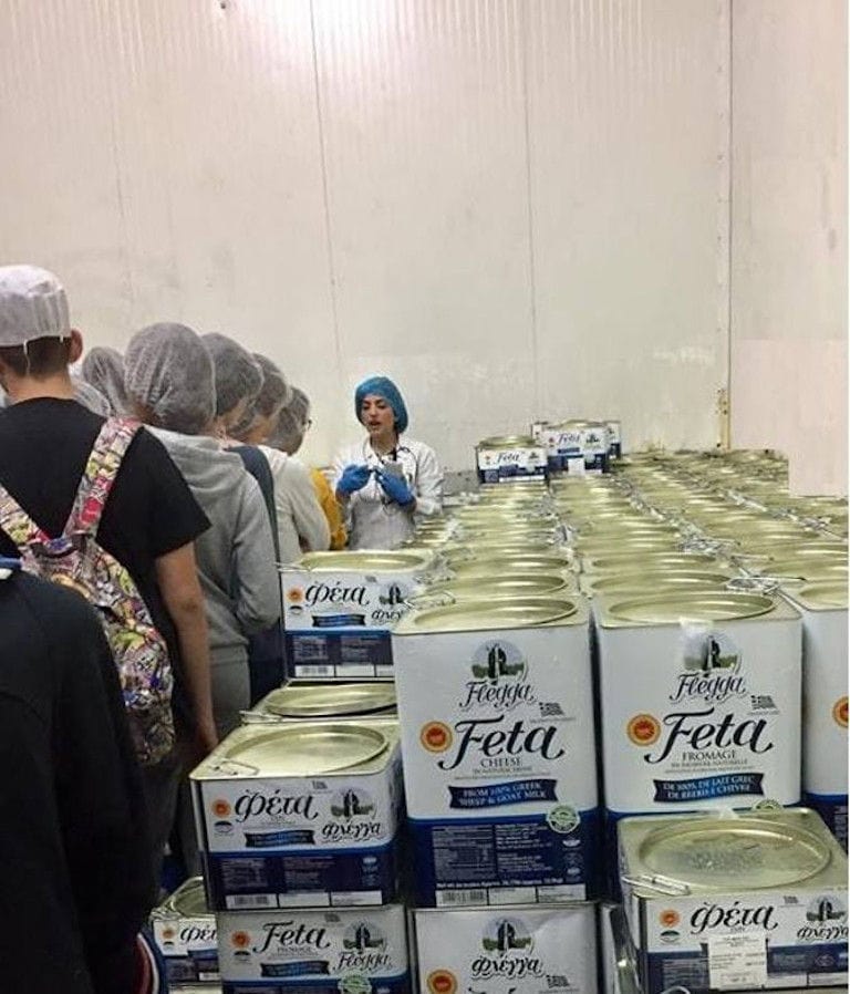 a group of tourists by the tins that says 'Feta' and listening to a girl giving a tour at 'Flegga Creamery' plant