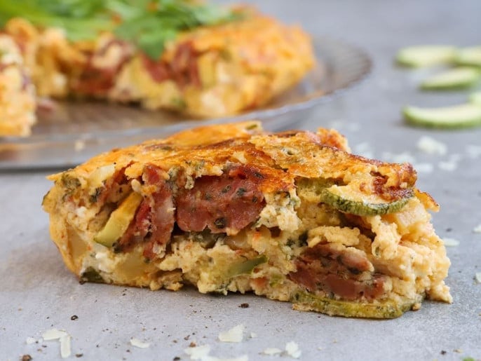 Close-up of piece of Greek ‘Fourtalia’ omelet with potatoes