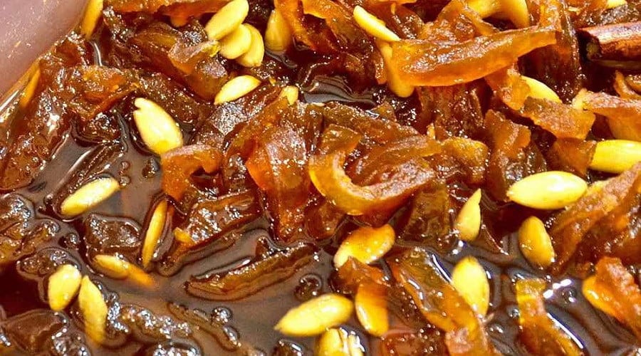 close-up of Greek ‘koufeto of Milos’, a spoon sweet, with pumpkin, sugar, honey, almonds and lemon juice