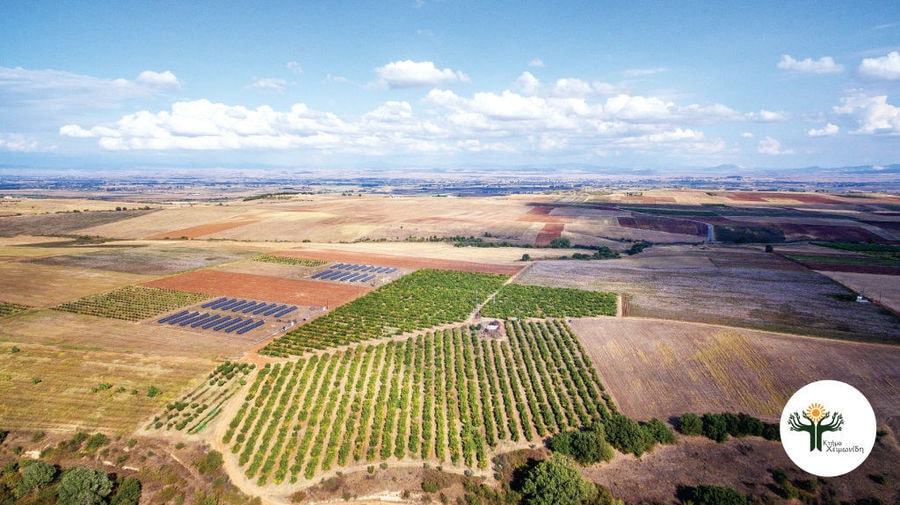 view from above around 'Ktima Cheimonidi' with crops and blue sky in the background