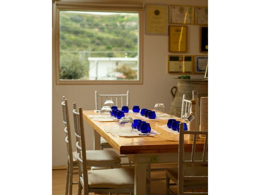 A grand table set for olive oil tasting awaits, adorned with place mats and blue glasses. Guests' seats, in white, beckon for an immersive and delightful tasting experience.