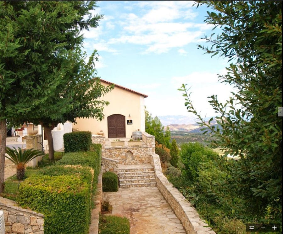 front view of Lafkiotis Winery with stone pavement and steps and plants and trees on the both sides