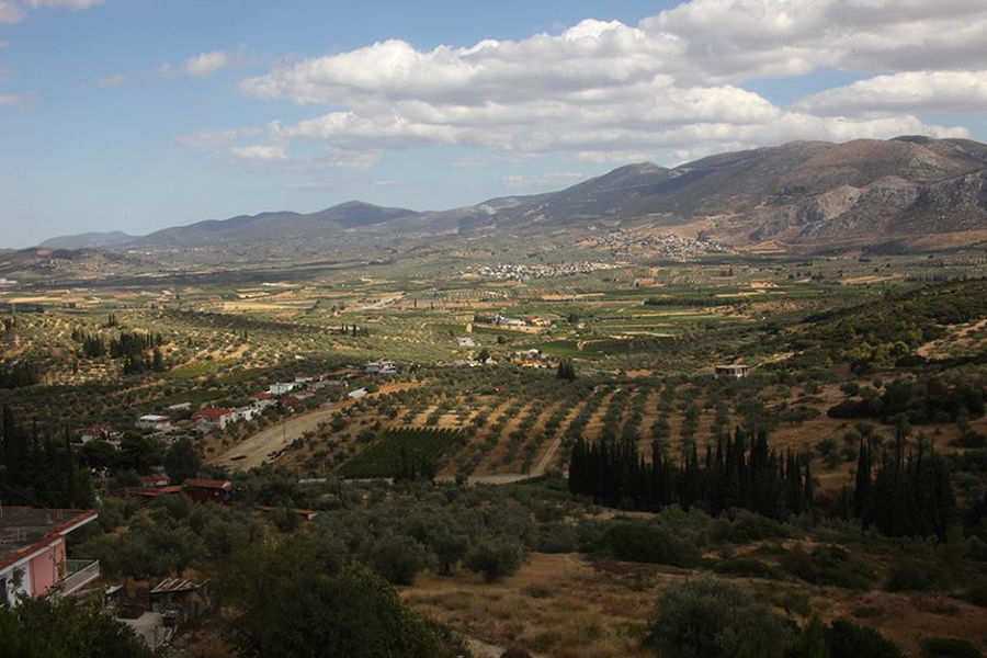 Lafkiotis Winery from above surrounded by trees, vineyards and mountains