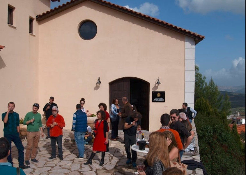 a group of tourists waiting at Lafkiotis Winery entrance outside