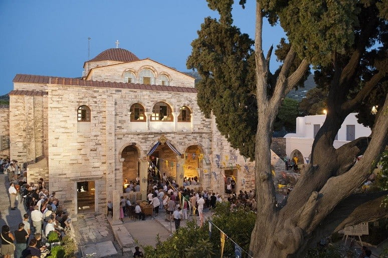 people outside at the Church of Virgin Mary the Ekatontapiliani that commemorate