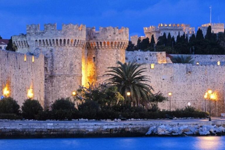 Illuminated old towers at Rhodes by night