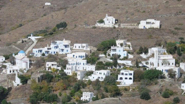 Tinos, Karya, Festival of Agios Dimitrios - Gastronomy Tours Karya on hill with houses in the front