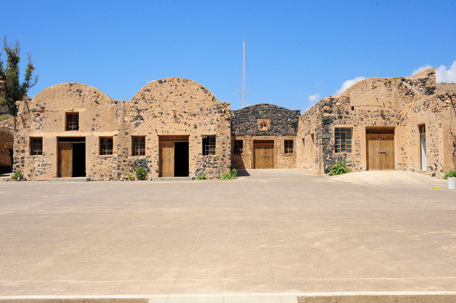 view of stone parts of the building of 'Tomato Industrial Museum' in the morning