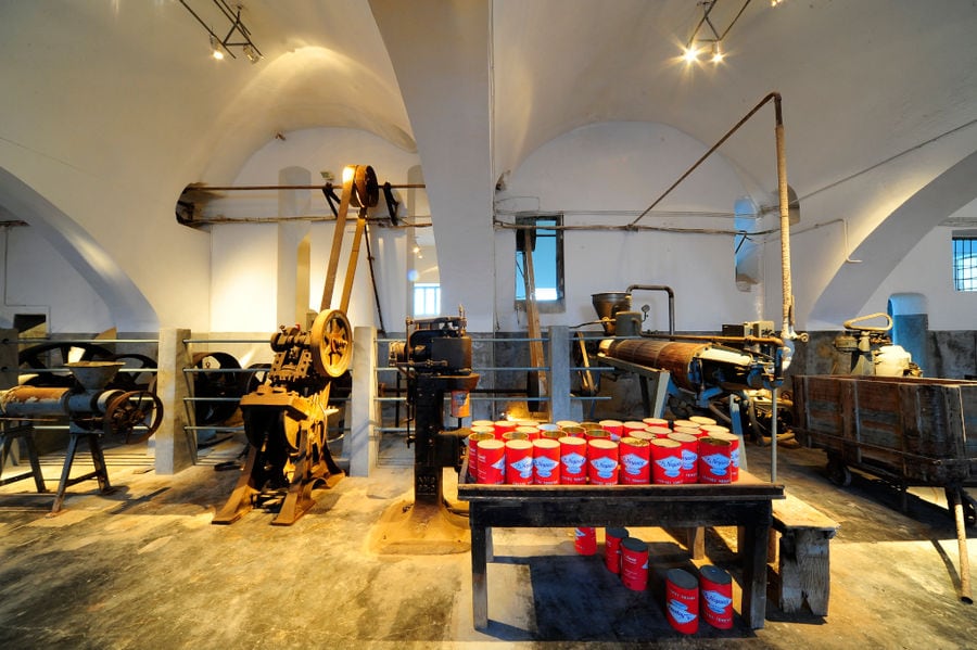 old tomato paste processing machines and tomato paste tin cans on a table at 'Tomato Industrial Museum'