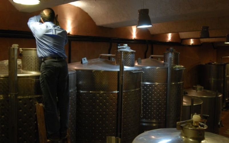 oenologist making wine analyses from wine tanks at 'Koutsoyannopoulos winery' facilities