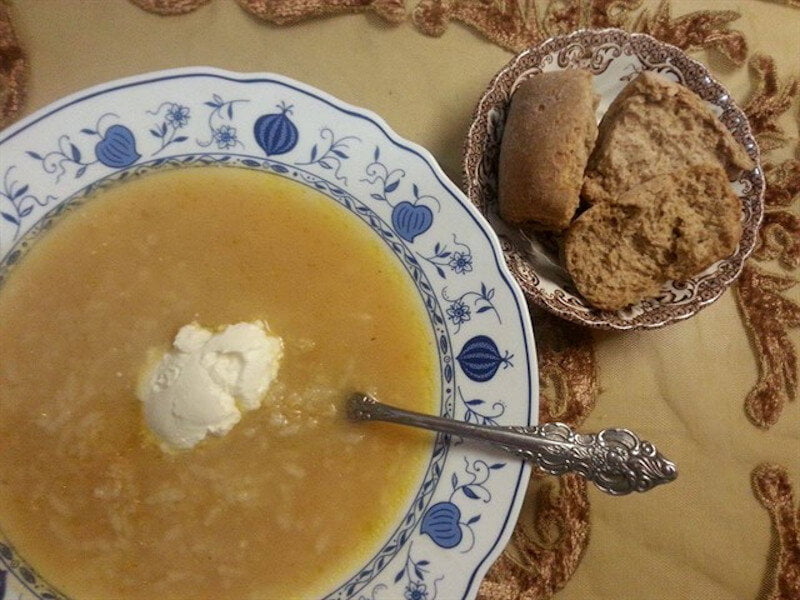 Close-up of soup of Greek ‘Xinohondros’ means trahana with yogurt 