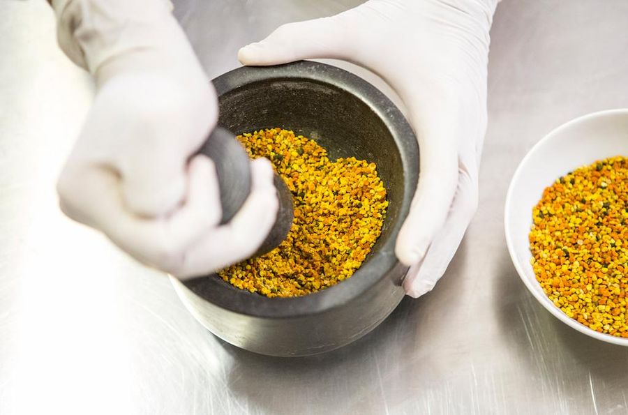 Woman grinding pollen in a bowl, unveiling its potent essence.