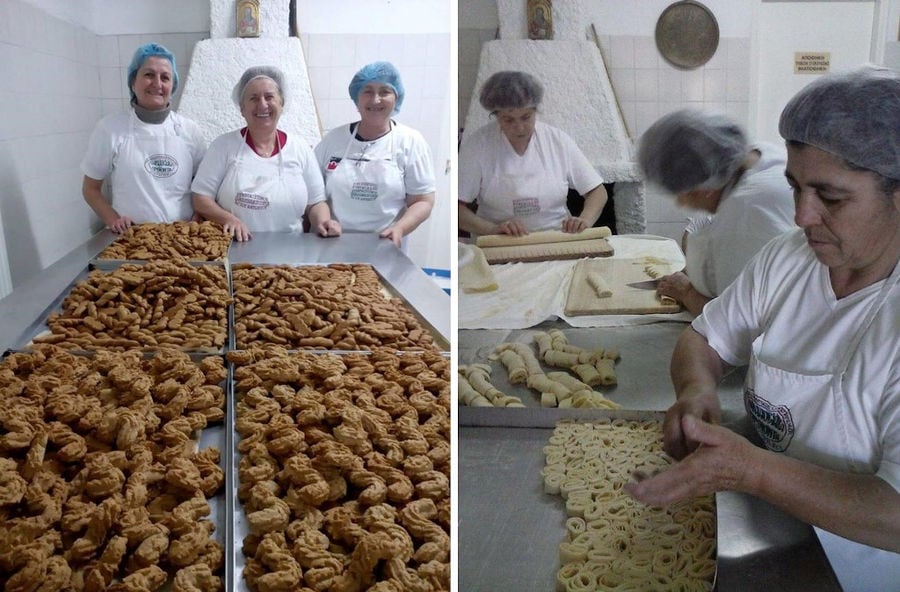 women making 'kuluraki' Greek Easter cookies at 'Agios Antonios Women’s Agri Cooperative' and smiling at the camera