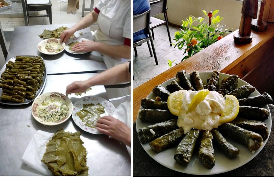 women cooking Greek 'lahanodolmades' and a plate with cooked them at 'Agios Antonios Women’s Agri Cooperative'