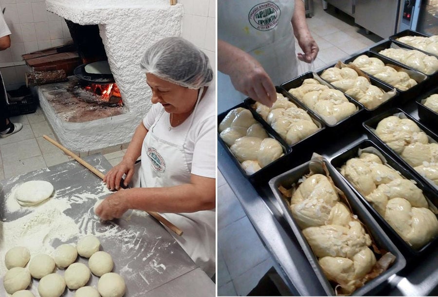 women cooking Greek 'tsoureki' and putting them in baking pans at 'Agios Antonios Women’s Agri Cooperative'