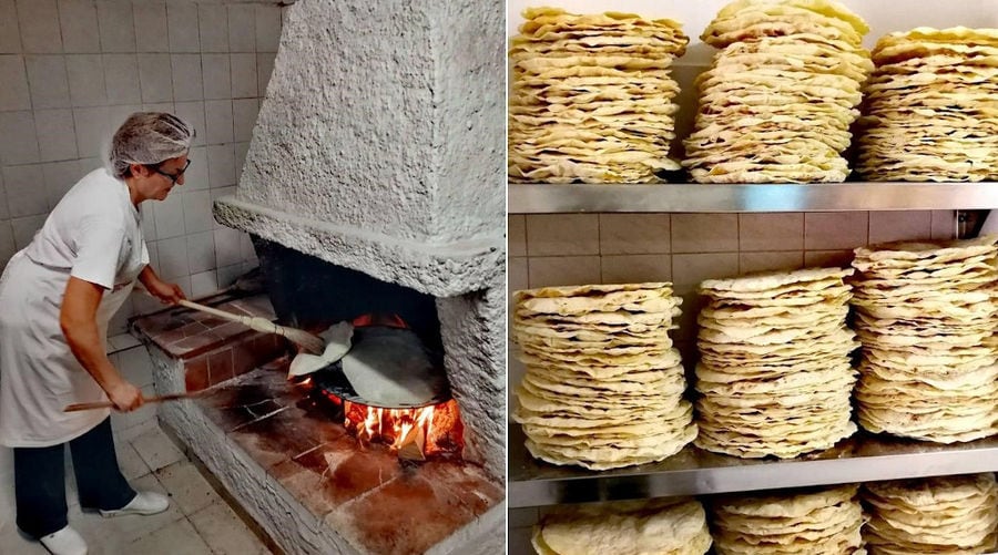 woman baking pita bread in the fireplace and a view of cooked pitas bread on shelves at 'Agios Antonios Women’s Agri Cooperative'