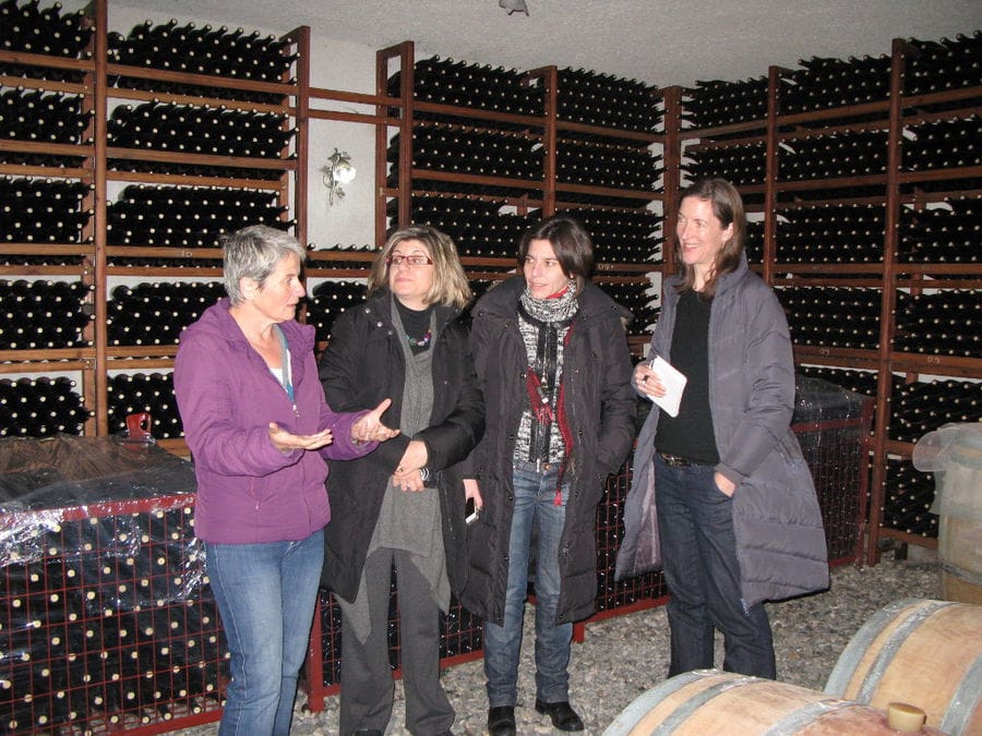 three woamen listening to a guide at 'Argatia Winery' cellar