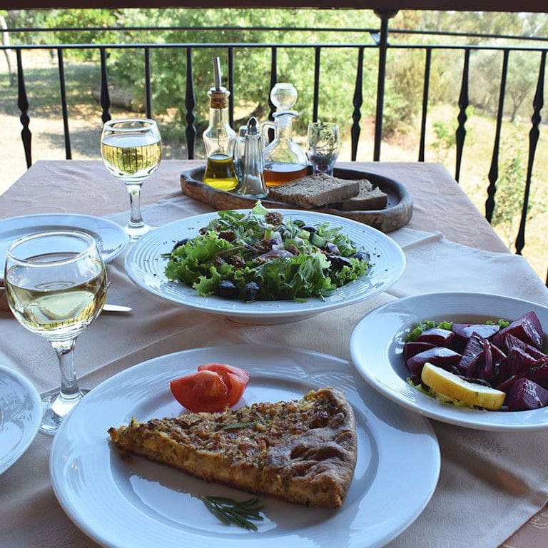 plates with pie, green salad, red beet salad and glass of white wine on the table at Bioporos