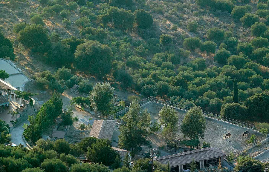 top view of Country Hotel Velani complex, trees, buildings, pool