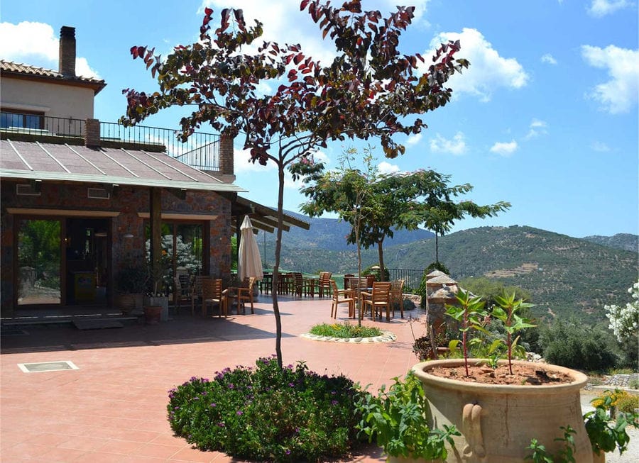 Country Hotel Velani's garden with a ceramic pot, trees and grass