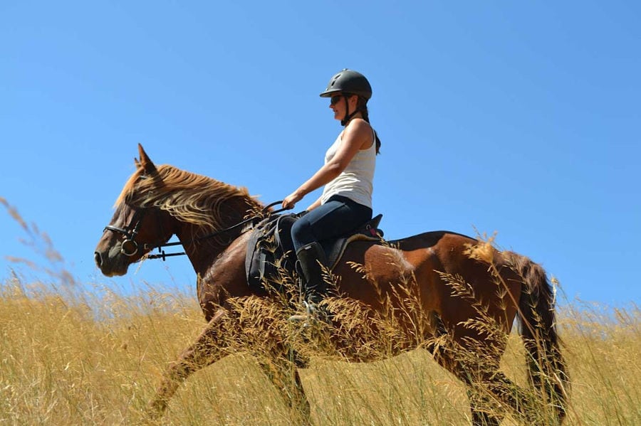 woman rides a brown horse in the grass at Country Hotel Velani's complex